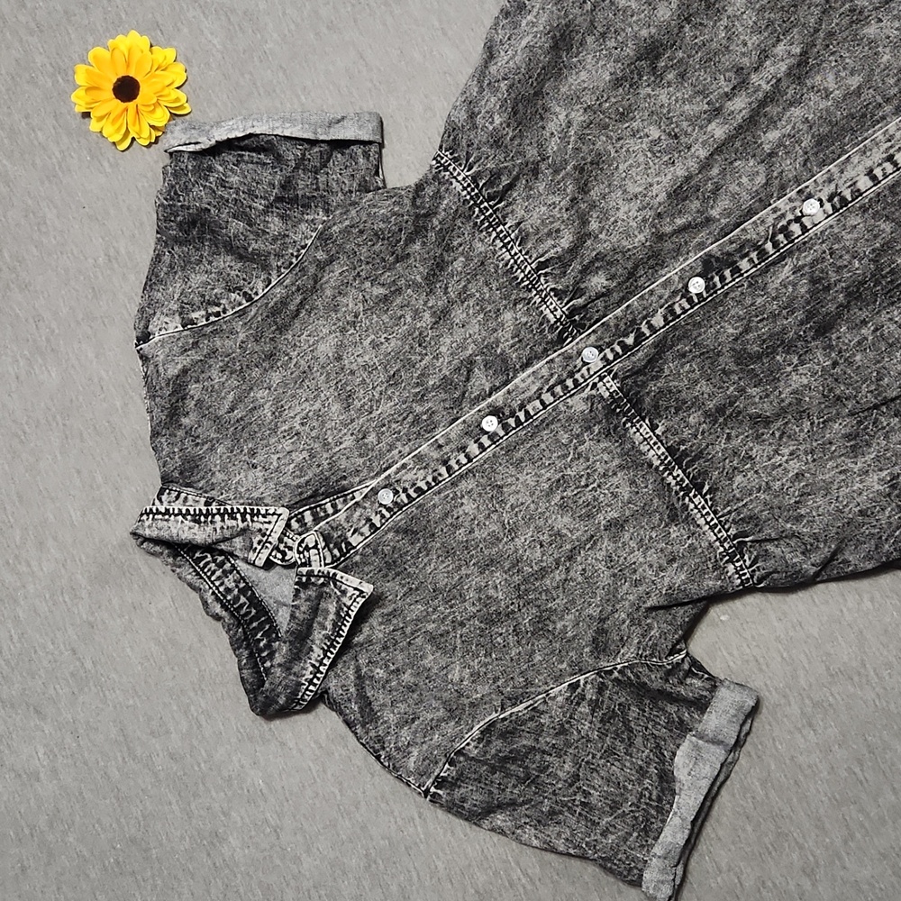 Vintage Acid Wash Black Gray Denim Button Down Collared Babydoll Mini Dress - Picture 5 of 14